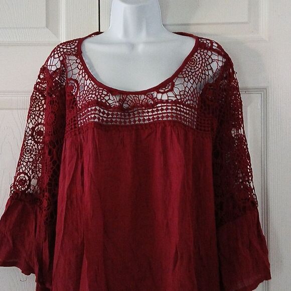 Forgotten Grace wine color crochet tunic blouse bell sleeve Sz 3X - Picture 3 of 7